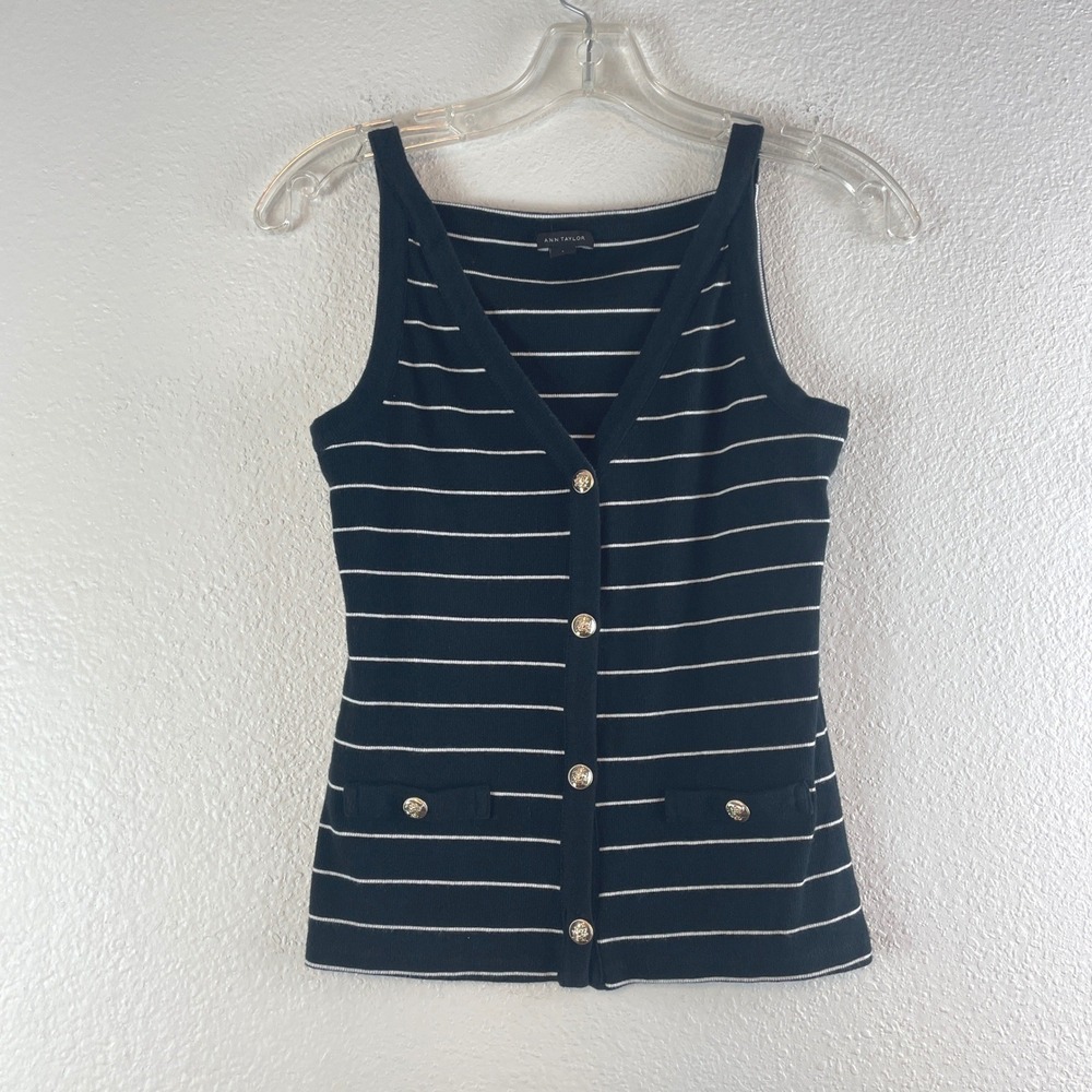 Ann Taylor Striped Ribbed Knit Button Tank Top Small Black White Nautical Preppy
